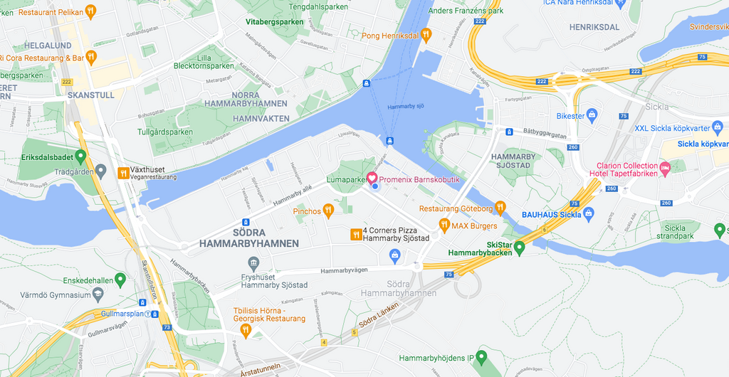 Karta som visar Promenix Barnskobutik i Stockholm som ligger i Hammarby Sjöstad.